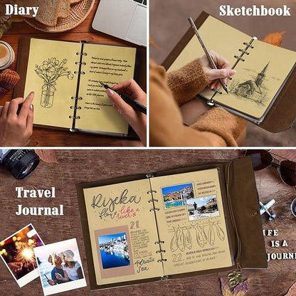 OMEYA PU Leather Journals Notebooks with Blank Pages, Vintage Refillable Journal for Writing, Travel Diary Art Sketchbook to Write in, Gifts for Women, Men, Teen Girls and Boys, 160 Pages (Brown, A6)