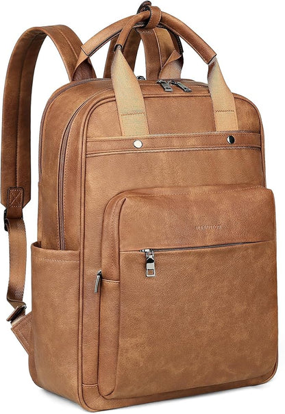 MASINTOR Leather Laptop Backpack for Women, Stylish Computer Backpack College Business Work Shoulder Bags Work and Travel Mocha Brown