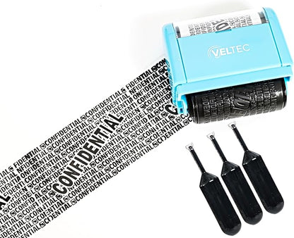 Veltec ID Protector Ink Roller - Identity Theft Protection Roller Stamp Set (Blue, Stamp+3 Refills)
