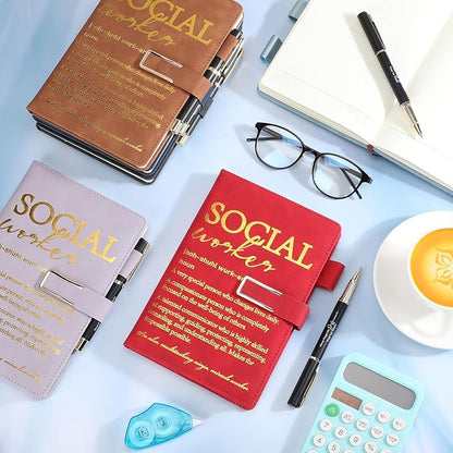 Chuangdi 6 Sets Social Worker Appreciation Gift Bulk A5 Leather Journal Notebook with Metal Buckle Ballpoint Pen Thank You Inspiration Gift for School Social Worker Graduation Nursing Volunteer BSW