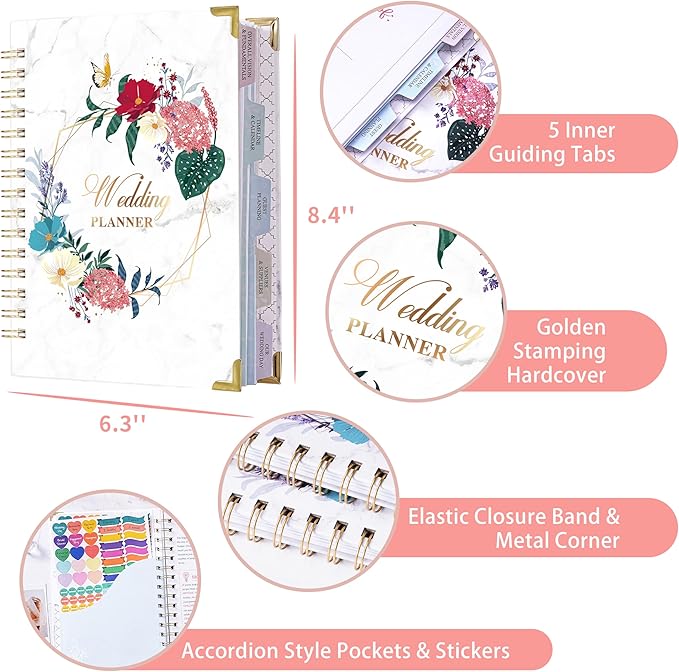 Wedding Planner - Wedding Planner Book/Organizer for The Bride with 5 Tabbed Sections, 6.3" x 8.4", Hardcover with Metal Corner, Inner Pocket, Sticker