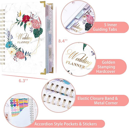 Wedding Planner - Wedding Planner Book/Organizer for The Bride with 5 Tabbed Sections, 6.3" x 8.4", Hardcover with Metal Corner, Inner Pocket, Sticker