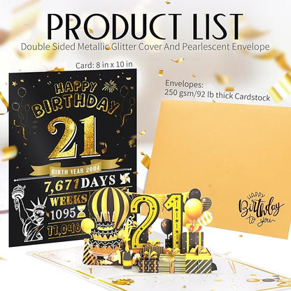 21st Birthday Card for Son Grandson, Jumbo 3D Pop Up 21st Birthday Cards for Boy Girl, Happy 21 Year Old Her Him Daughter Funny Bday Gifts, Review of 2004, Black Gold