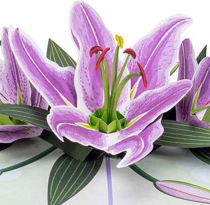 Paper Love 3D Purple Lilies Pop Up Card, Gift for Birthday, Wedding, Anniversary, Mothers Day, Thank You, Get Well, All Occasion or Just Because - 5" x 7" Cover - Includes Envelope and Note Tag