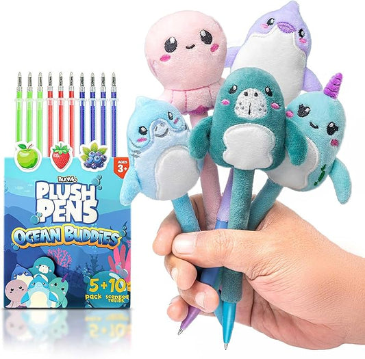 BUNMO Easter Gifts for Girls - Cute Pens - Cute Gel Pens w/Soft Grip & 10 Refills - Gifts for Tweens- Girls Easter Basket Stuffers - Fun Writing for Kids - Gift for Teens - Plush 5 Pack