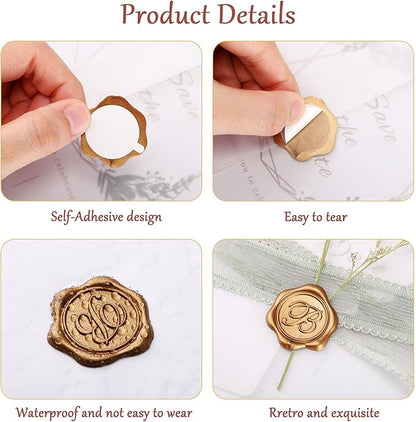 Yoption Initial A Wax Seal Stickers, 100 Pack Antique Gold Self Adhesive Envelope Seal Stickers for Wedding Party Birthday Christmas (A)