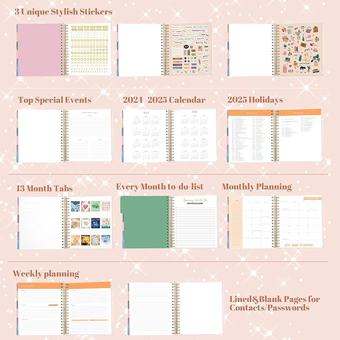 2025 Hardcover Planner Weekly and Monthly, Dec 2024–Dec 2025, Large Spiral Bound Planners 2025 for Women Gifts, 8.3" x 9.3",13 Month Calendar with 13 Tabs, 3 Sticker Sheets, Pink