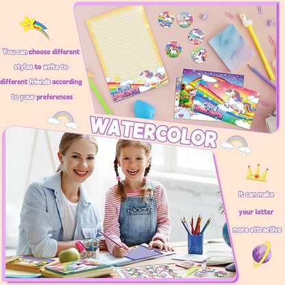 TaoBary 160 Packs Stationery Paper Set (50 Double Sided Stationery Writing Papers 50 Matching Envelopes) 60 Round Dot Sticker, 10 Design(Unicorn,8.5 x 11 Inch)