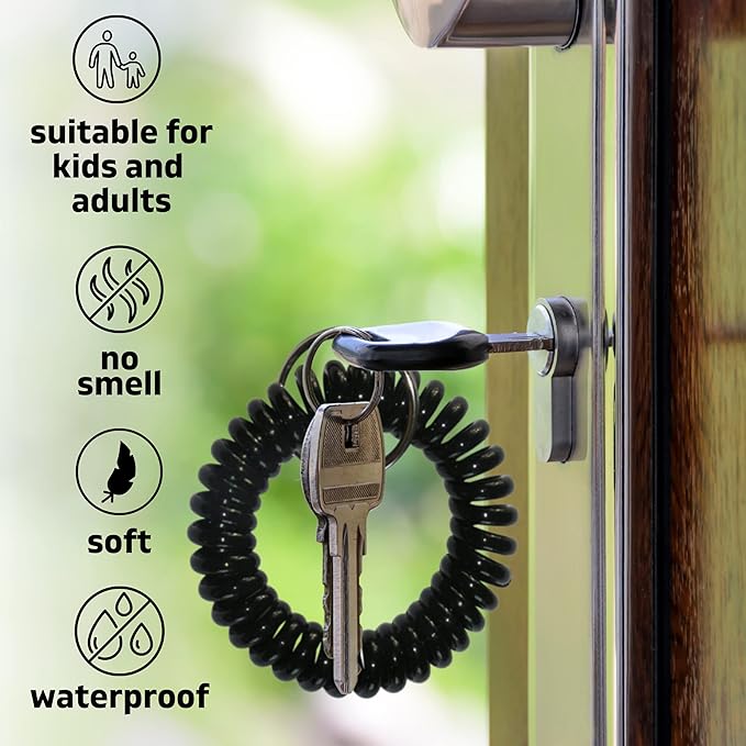 100PCS Keychain Wristlet Wrist Keychain Wristband Elastic Stretchable Spiral Bracelet Key Hook Key Holder for Gym Pool Spring Spiral Coil Black