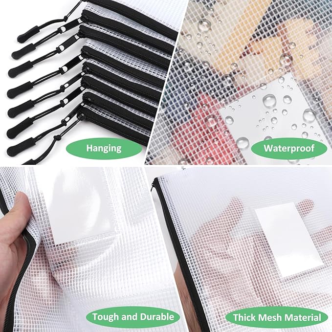 18 Pack 8 size Mesh zipper pouch bags, Zipper Bags with Label Pocket,File Bags for Classroom Organization,Zipper Pouches of office supplies,Puzzles, Board Game Storage