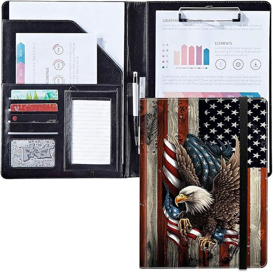 Padfolio/Portfolio Folder Clipboard,Bald Eagle with American Flag Personalized Leather Portfolio Padfolio for Men Women W/Resume Document Organizer Letter Size A4 Writing Pad Business Card Holders