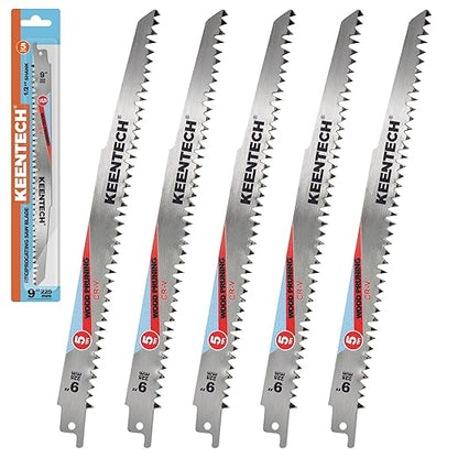 KEENTECH CR-V Sawzall Pruning Blades, 9 Inch 5TPI, with Fleam Ground Teeth for Tree Branch Root Wood, PVC Pipe Cutting, Reciprocating Saw Blade Fast Cutting for Professional, DIYer, Gardener, 5 Pack