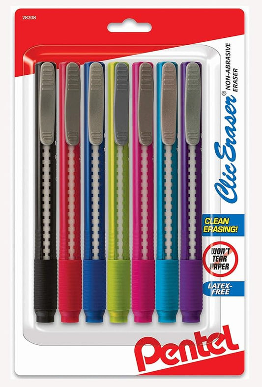 Pentel Clic Eraser - Retractable - Pen Style Grip - Big Erasers for Pencils - Pack of 7 Assorted Colors - Used for Drawing, Art, Drafting, Office, and School Supplies, for Adults & Kids