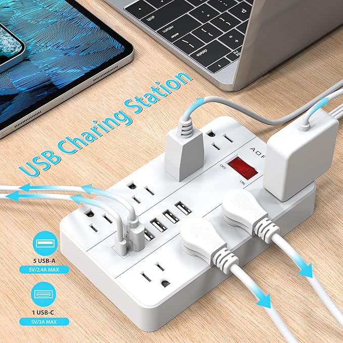 10ft Extension Cord Long Power Strip,AOFO 8 Widely-Spaced Outlets & 6 USB Ports Flat Plug Power Strip,Power Cord for Wall Mountable and Desktop White