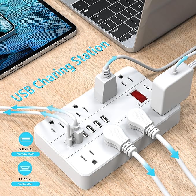 15ft Extension Cord Long Power Strip,AOFO 8 Widely-Spaced Outlets & 6 USB Ports Flat Plug Power Strip,Power Cord for Wall Mountable and Desktop White