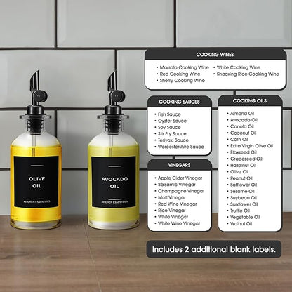 Olive Oil Labels for Glass Bottles - 2.5" x 2.5" Waterproof & Oil-Proof Kitchen PVC Sticker Labels for Oils, Vinegars, Sauces, Cooking Wines & Condiments - Minimalist Black, 39pcs