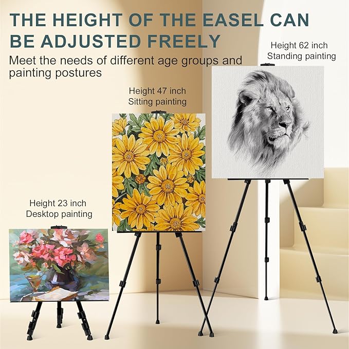 AROIC 1 Pack Art Painting Display Easel Stands,Portable Adjustable Aluminum Metal Tripod Artist Canvases Height from17 to 66 Inch Extra Sturdy forTable-Top/Floor Painting. Black with 1 Storage Bag