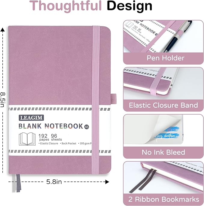 Blank Journal Notebook, A5, 192 Pages 100 GSM Thick Sketch Book for Women Men, Hardcover Leather Unlined Journaling for Work, Notebooks for Writing, 5.8 inches x 8.5 inches (Pink)