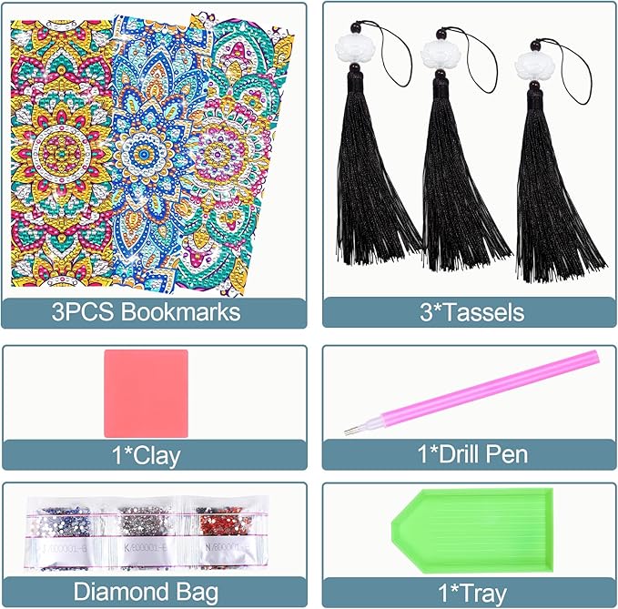 Anseal 3 Pcs 5D Diamond Bookmarks Painting for Book Lovers, Mandala PU Leather Diamond Dotz Art Bookmark for Adults, Tassel Beaded Book Mark for Graduation Birthday Reading Present