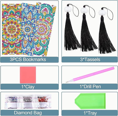 Anseal 3 Pcs 5D Diamond Bookmarks Painting for Book Lovers, Mandala PU Leather Diamond Dotz Art Bookmark for Adults, Tassel Beaded Book Mark for Graduation Birthday Reading Present