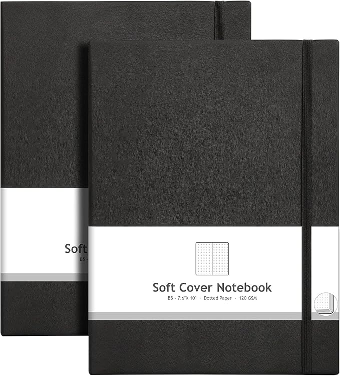 AHGXG Bullet Dotted Journal 2 Pack - B5 Large Journal Dot Grid Notebook (7.6'' X 10'') with Thick 120gsm Dot Paper, Soft Leather Cover, Total 384 Pages, Inner Pocket - Black