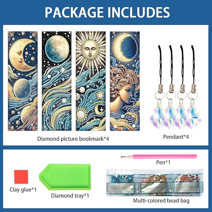 4-Piece Diamond Painting Bookmarks Set for Adults – Sun, Moon, and Waves Design DIY 5D Rhinestone Diamond Art Bookmark Kits with Tassels, Beautiful Diamond Art Bookmarks for Crafts Gifts