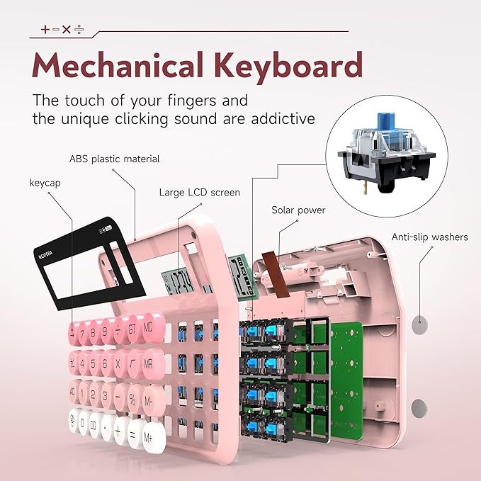 True Mechanical Switch Calculator,12 Digits, Large LCD Display,Big Buttons,Solar and Battery Dual Power Mechanical Keyboard Desktop Pink Calculators,Cute and Aesthetic (Pink, Large)
