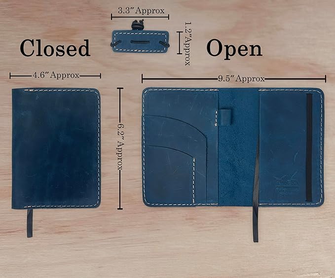 Thot Ra Leather Cover for Field Notes, Passport Cover, Leather Notebook Cover for 3.5" x 5.5" with Pen Holder, Only Cover (Vintage Blue)