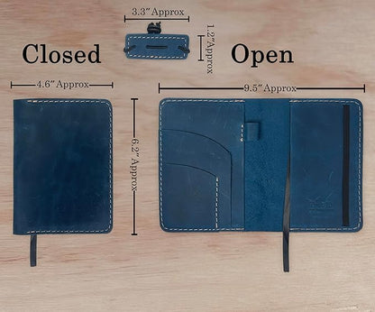 Thot Ra Leather Cover for Field Notes, Passport Cover, Leather Notebook Cover for 3.5" x 5.5" with Pen Holder, Only Cover (Vintage Blue)