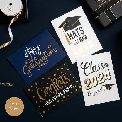 Paper Play Gold Foil Graduation Cards Assortment Bulk Pack of 20 Congratulations Graduation Card 2024-5x7 Inch with Matching Stickers & Kraft Envelopes, Graduation Cards Bulk College & High School