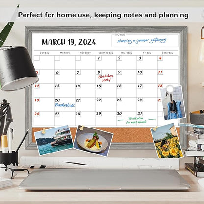 Monthly Whiteboard Calendar & Corkboard for Wall, Magnetic 17"x13" Dry Erase Board with Gray Wood Framed, 2in1 White Board Cork Board Combo, Calendar Bulletin Board for Kitchen Planner Memo Office