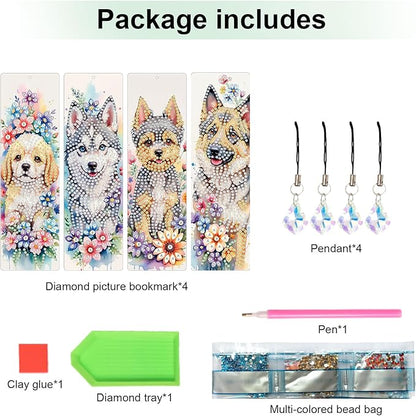 4 Pieces Diamond Art Painting Bookmarks for Adults 5D Floral Rhinestone Bookmarks Animal Dog Art Bookmarks DIY Diamond Painting Bookmarks with Tassels Crafts Supplies