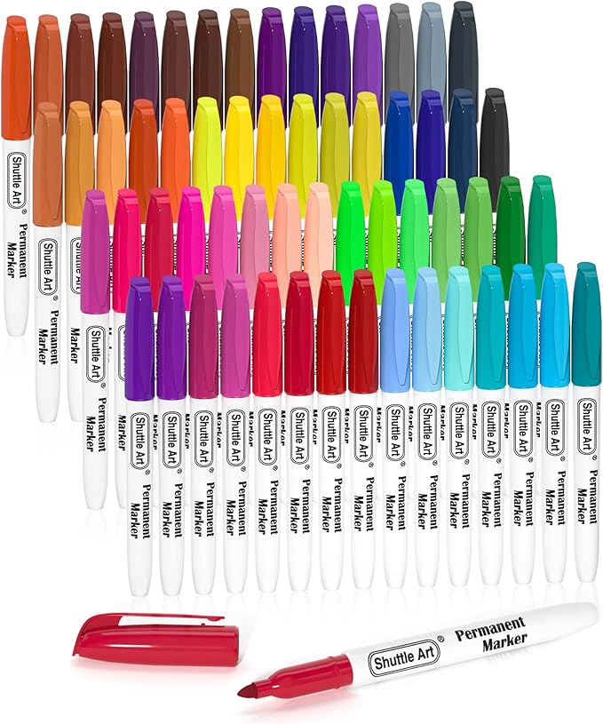 Shuttle Art 60 Colors Permanent Markers, Fine Point, Assorted Colors, Works on Plastic,Wood,Stone,Metal and Glass for Doodling, Coloring, Marking