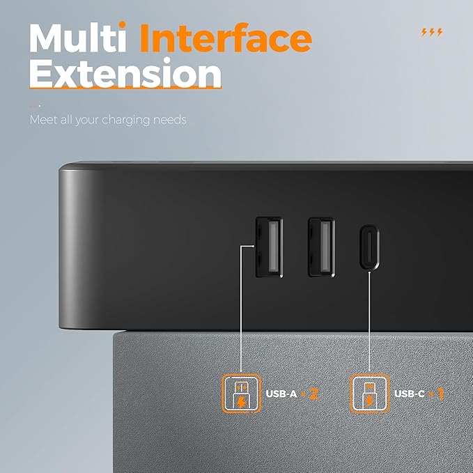 Extension Cord 10 FT with Multiple Outlets, TESSAN Flat Plug Power Strip Surge Protector with 4 Wide Spaced AC Outlets 3 USB Ports(1 USB C), Surge Protection for Home Office Dorm Room, Black