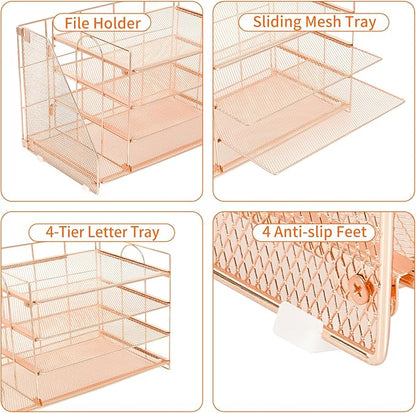 OPNCIE Desk Organizers and Accessories, 4 Tier Paper Letter Tray File Organizer, Office Organization Storage Desk Accessories Workspace Desktop Organizer for Classroom Office Supplies Decor, Rose Gold