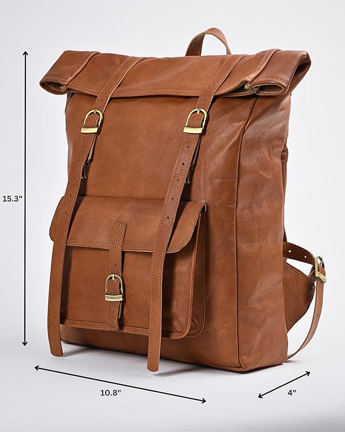 Genuine Leather Backpack for Men & Women, Rolltop Laptop Bookbag, Vintage Back Pack Rucksack for work & travel, Brown (Tan)
