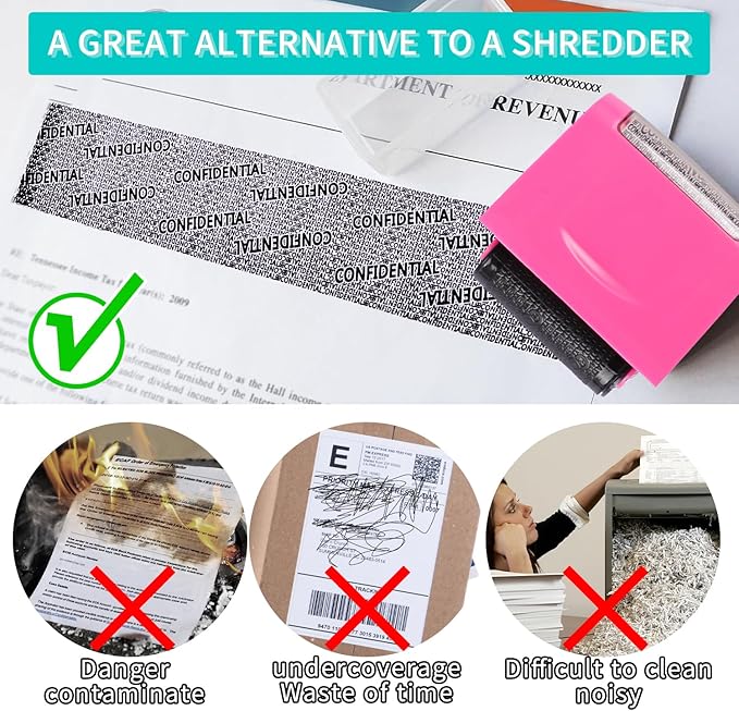 Identity Theft Protection Roller Stamp - Wide Confidential Roller Stamp with 3 Pack Refill Inks for Anti Theft Protection, Confidential Privacy Security, Address Blocker (Rose Pink)