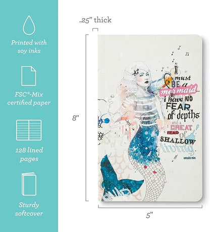 Compendium Softcover Journal - I must be a mermaid… I have no fear of depths, and a great fear of shallow living. – A Write Now Journal with 128 Lined Pages, 5″W x 8″H