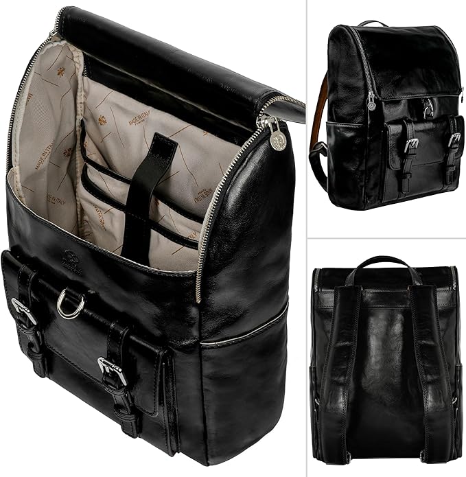 Time Resistance Leather Backpack up to 15 in Laptop Travel Bag Rucksack (Black)