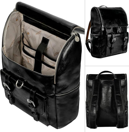 Time Resistance Leather Backpack up to 15 in Laptop Travel Bag Rucksack (Black)