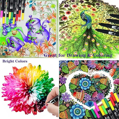 100 Art Markers Set for Adult Coloring Books No Bleeding,Bullet Journal Pens Watercolor Markers for Artists Painting Calligraphy Dual Tip Markers Brush and Fine for Kids Teens Women Drawing Coloring