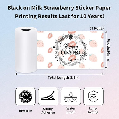 Strawberry Stickers for T02 Mini Printer - Strawberry Sticker Paper Works with T02/M02X/M02L Sticker Printer, Last for 10 Years, Ideal for Journal Photo Study Note, 50mmx3.5m, 3 Rolls