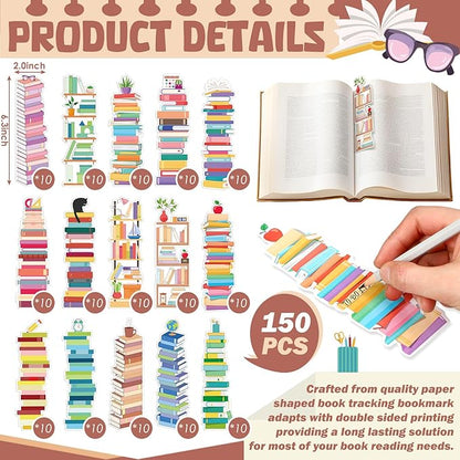 150 Pcs Book Tracker Bookmarks Bulk 6.3 x 1.97 Inch Bookshelf Design Bookmarks Paper Book Tracking Bookmark Double Sided Reading Page Markers for Book Lovers Students School (Book)