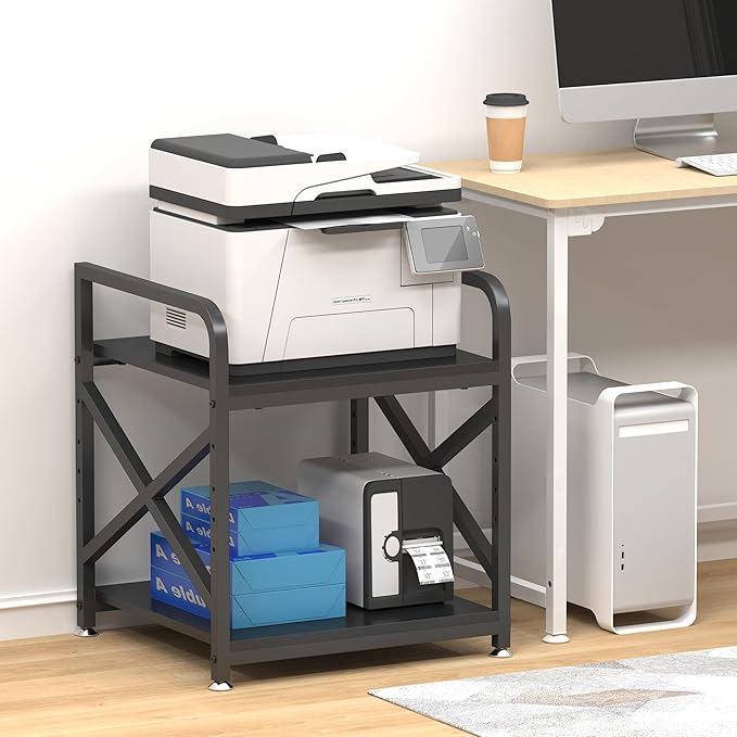 Ollieroo 2 Tier Printer Stand with Storage Shelf, Printer Table with Height Adjustable Top Shelf, Under Desk Storage Printer Cart for Paper Shredder Scanner, 3D Printer Stand for Home Office(Black)
