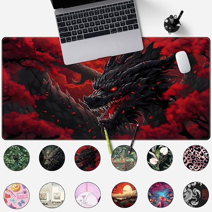 Huge Dragon Large Mouse Pad Red and Black Mousepad Red Desk Mat, Big Full Keyboard and Mouse Pad Cool Desk Pad for Keyboard Mouse with Stitched Edges Anti-Slip Funny Desk Pad, 31.5 X 15.8 in.