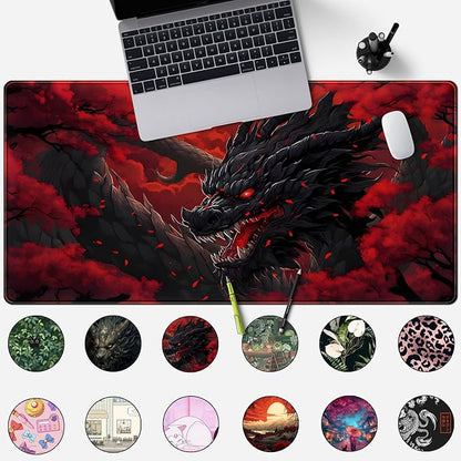 Huge Dragon Large Mouse Pad Red and Black Mousepad Red Desk Mat, Big Full Keyboard and Mouse Pad Cool Desk Pad for Keyboard Mouse with Stitched Edges Anti-Slip Funny Desk Pad, 31.5 X 15.8 in.