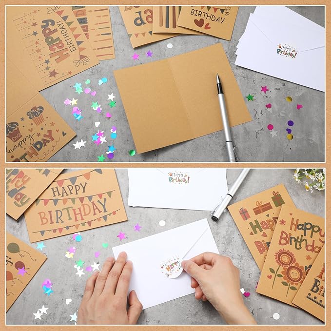 Harloon 200 Pack Happy Birthday Card Assorted Bulk with Blank Envelopes and Stickers 4 x 6 Inches Greeting Blank Happy Birthday Cards for Men Women Adults Kids, 20 Styles(Kraft Style)