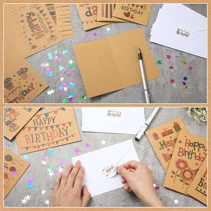 Harloon 200 Pack Happy Birthday Card Assorted Bulk with Blank Envelopes and Stickers 4 x 6 Inches Greeting Blank Happy Birthday Cards for Men Women Adults Kids, 20 Styles(Kraft Style)
