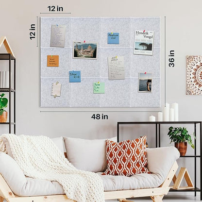 DOLLAR BOSS Large Cork Board for Wall 48" x 36" x 0.5" Bulletin Board 12 Packs Black Cork Board Tiles Self Adhesive Felt Wall Tiles with Pushpins, Corkboard for Office Pin Board Tack Board, Light Grey