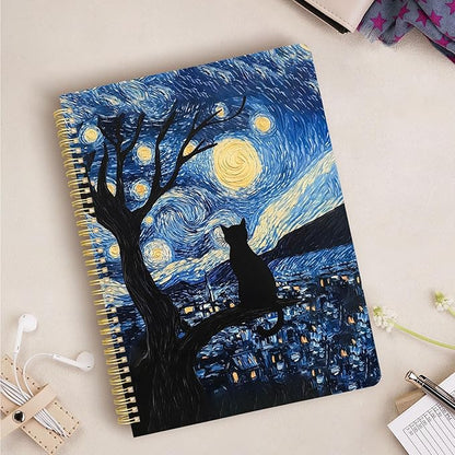 Cute Spiral Notebook journal A4 Aesthetic Pretty Design for Women Girls Kawaii with Pocket, 8.5 x 11 inch, Lined, Cat Galaxy